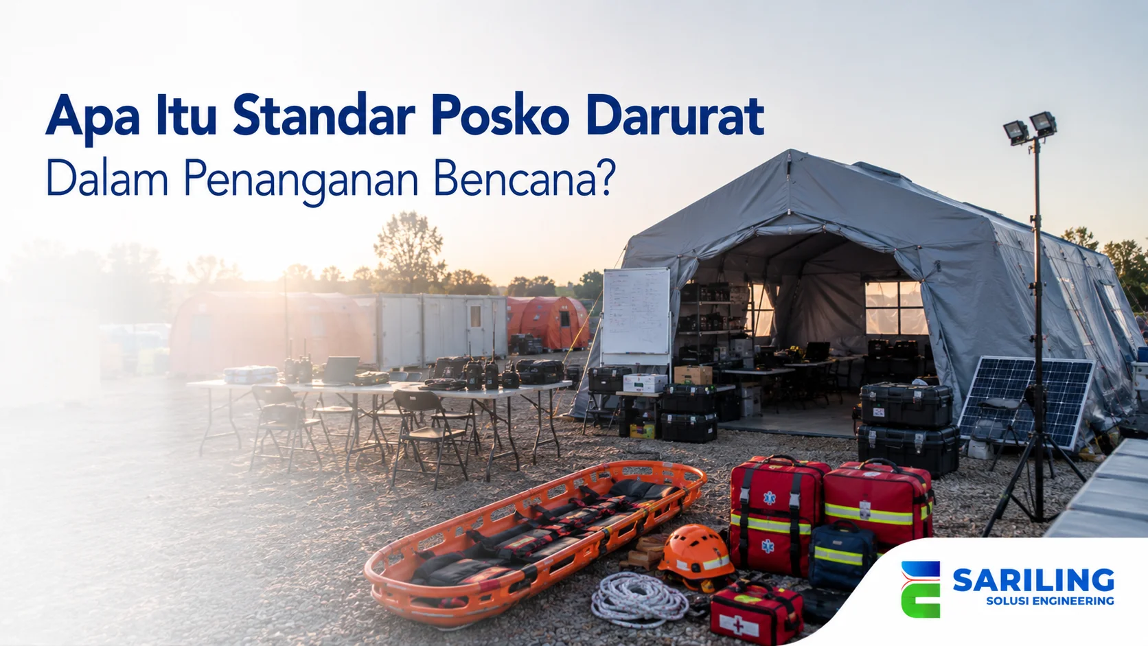 Posko darurat dengan tenda operasional, perlengkapan evakuasi, dan fasilitas pendukung untuk koordinasi penanganan bencana.