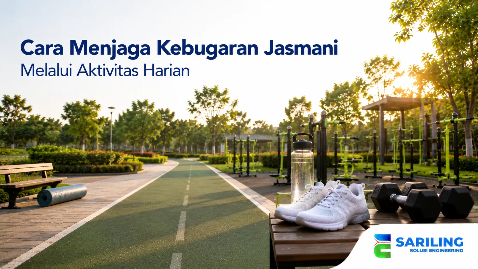 Area olahraga outdoor dengan lintasan jogging, alat fitness, dan perlengkapan latihan yang mendukung aktivitas fisik sehari-hari.