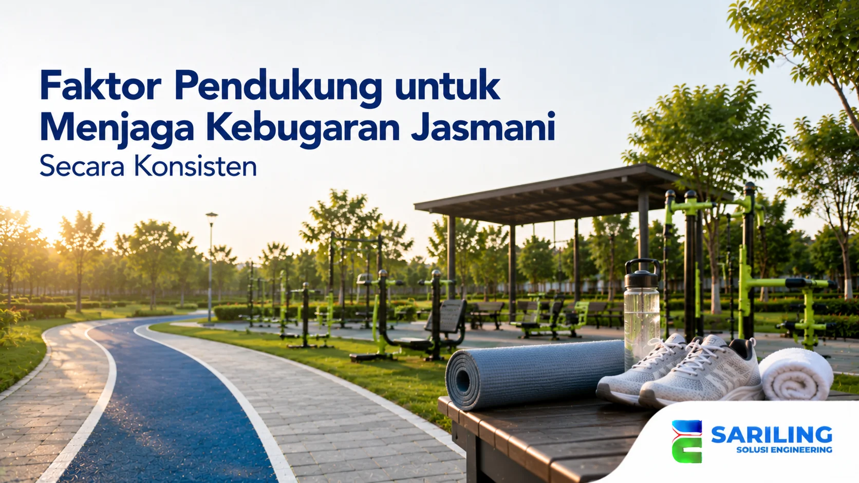 Area olahraga outdoor dengan lintasan jogging, alat fitness, dan perlengkapan latihan yang mendukung kebugaran jasmani secara rutin.