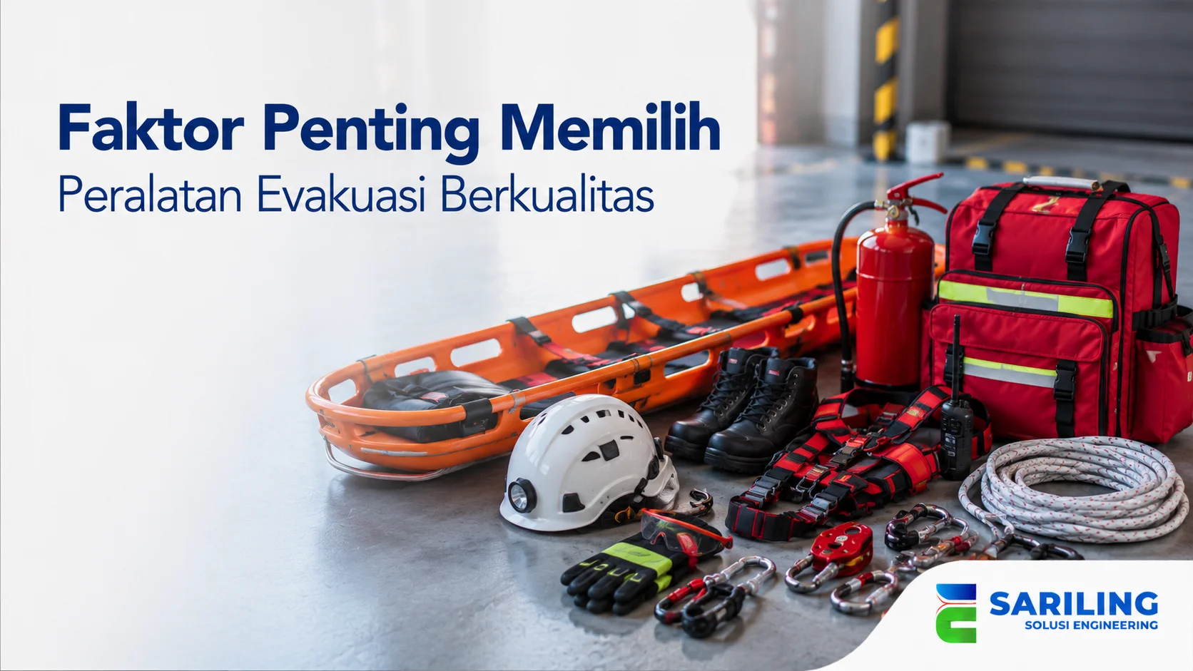 Peralatan evakuasi berkualitas seperti tandu, helm keselamatan, harness, dan perlengkapan rescue yang siap digunakan dalam situasi darurat.