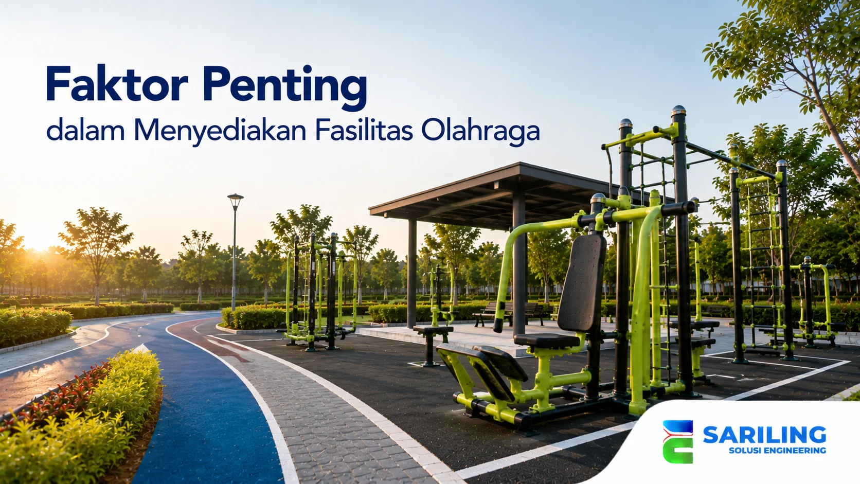 Fasilitas olahraga outdoor dengan berbagai alat fitness yang dirancang untuk mendukung aktivitas fisik secara aman dan nyaman di ruang terbuka.