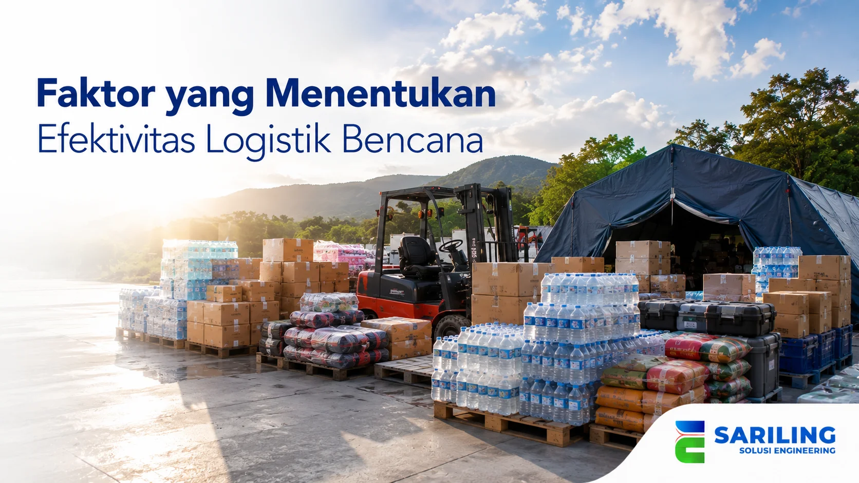 Area logistik bencana dengan tenda darurat dan perlengkapan bantuan yang tersusun rapi untuk mendukung distribusi saat keadaan darurat.