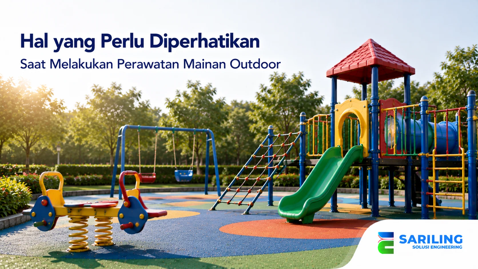 Area playground dengan fasilitas mainan outdoor yang terawat untuk menjaga keamanan dan kenyamanan anak.