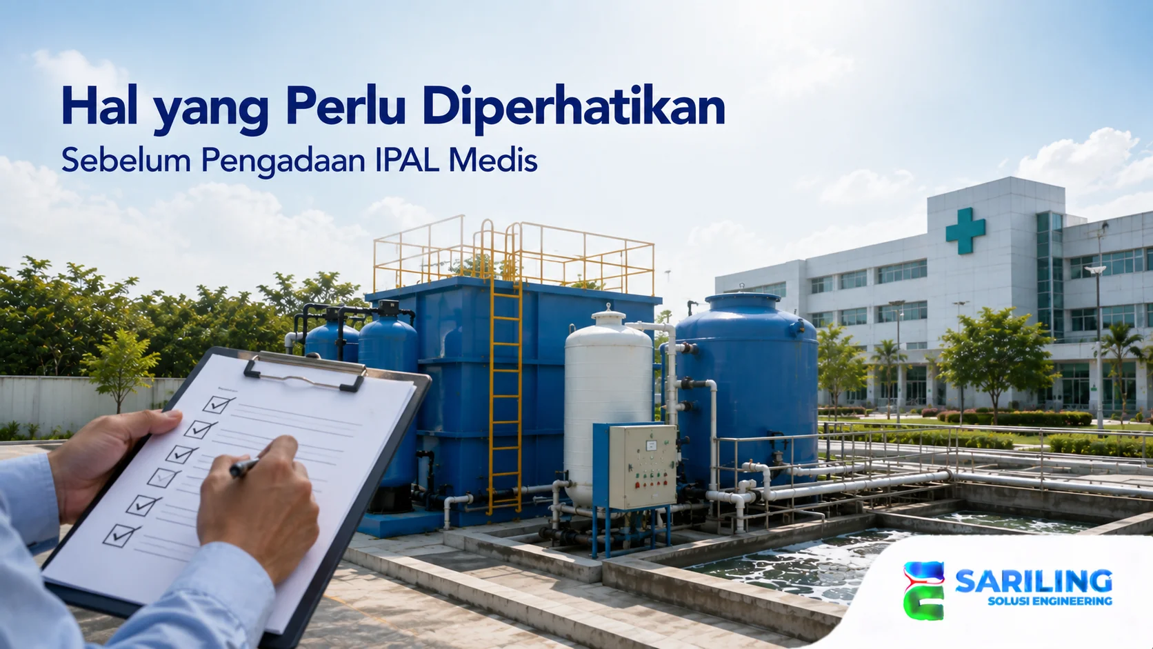 Sistem IPAL Medis dengan tangki pengolahan limbah di area fasilitas kesehatan modern.