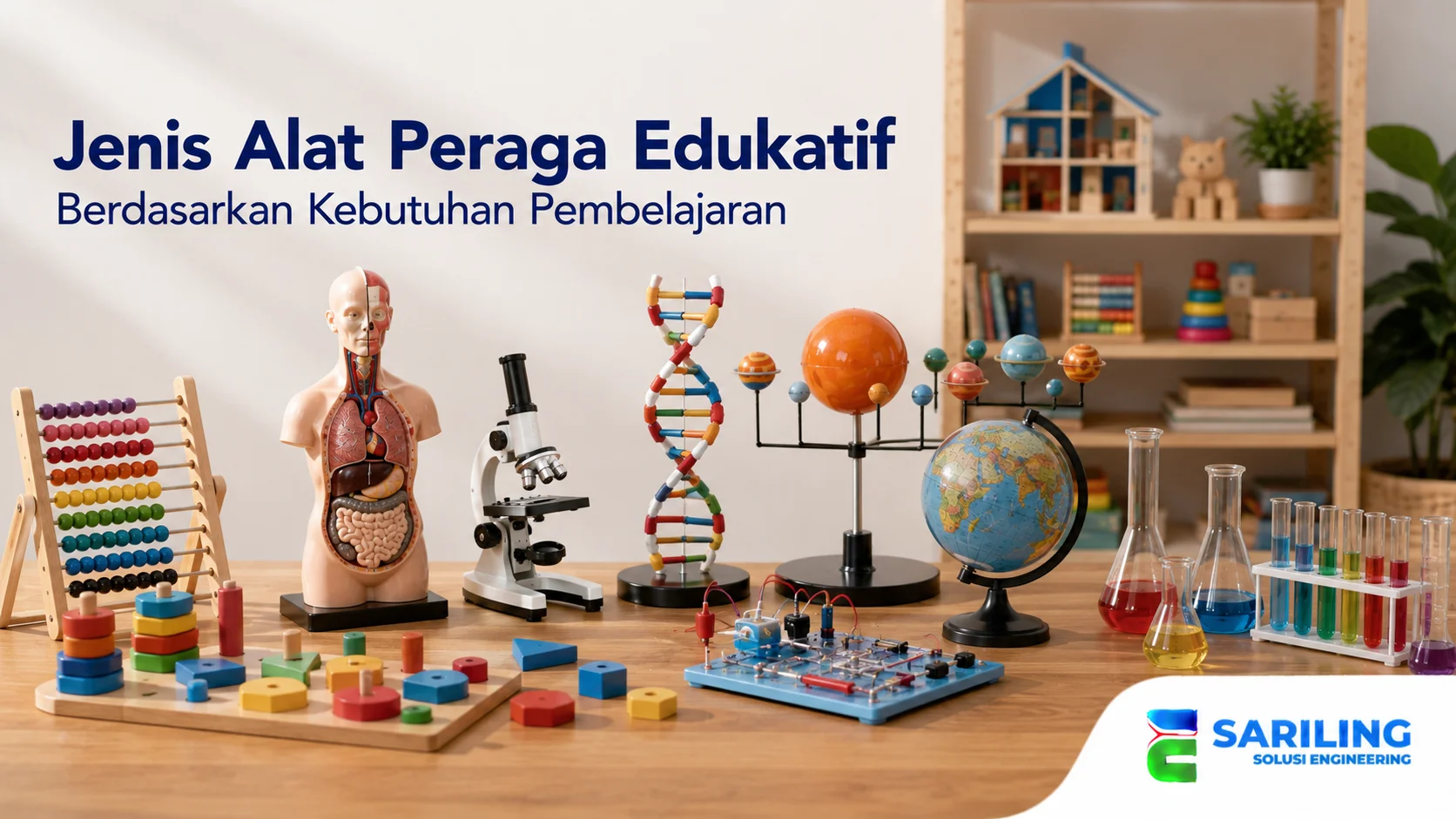Berbagai jenis alat peraga edukatif seperti model sains, media visual, dan alat pembelajaran untuk mendukung kegiatan belajar.