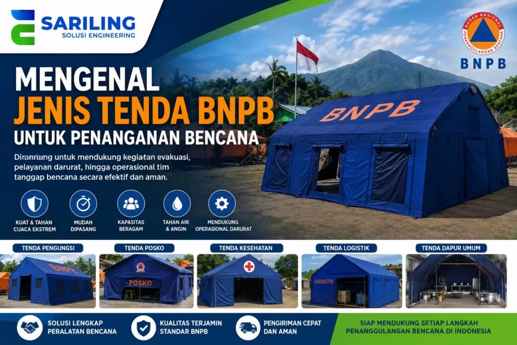 Jenis Tenda BNPB untuk penanganan bencana darurat dengan berbagai tipe tenda pengungsi, posko, kesehatan, logistik, dan dapur umum.