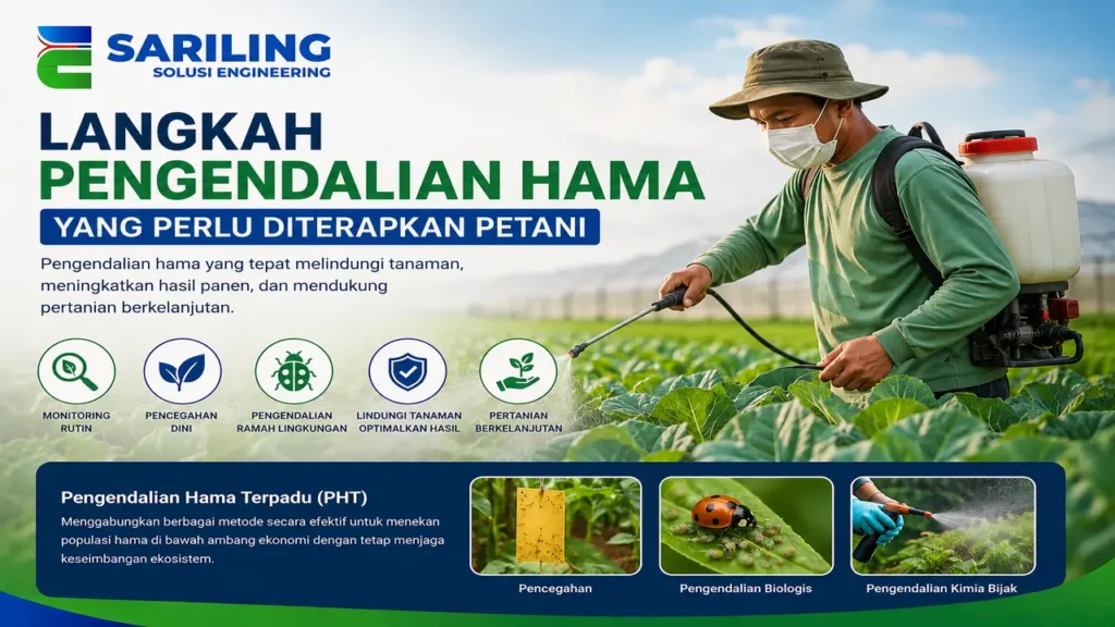 Petani menerapkan pengendalian hama pada tanaman pertanian untuk menjaga kesehatan tanaman dan meningkatkan hasil panen.