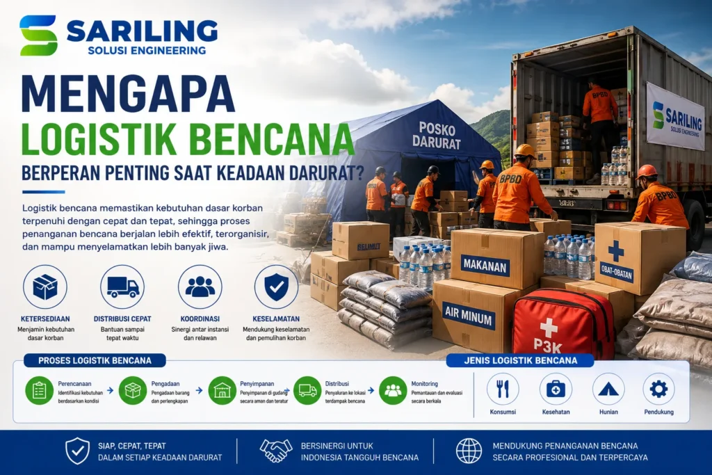 Logistik bencana berupa tenda darurat, bantuan kemanusiaan, dan perlengkapan evakuasi untuk mendukung penanganan keadaan darurat.