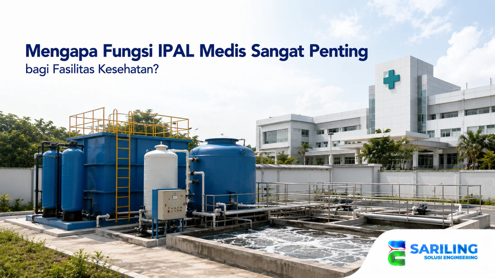 Sistem IPAL Medis dengan tangki pengolahan limbah cair di area fasilitas kesehatan.