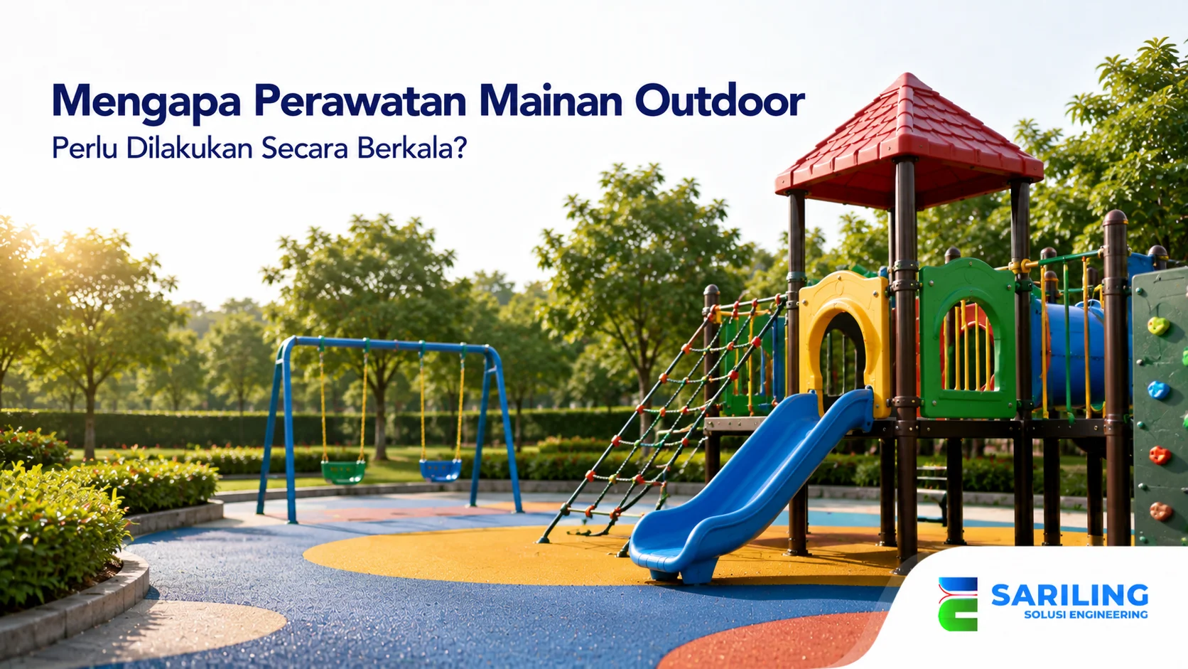 Playground outdoor dengan fasilitas bermain yang terawat untuk menjaga keamanan dan kenyamanan anak.