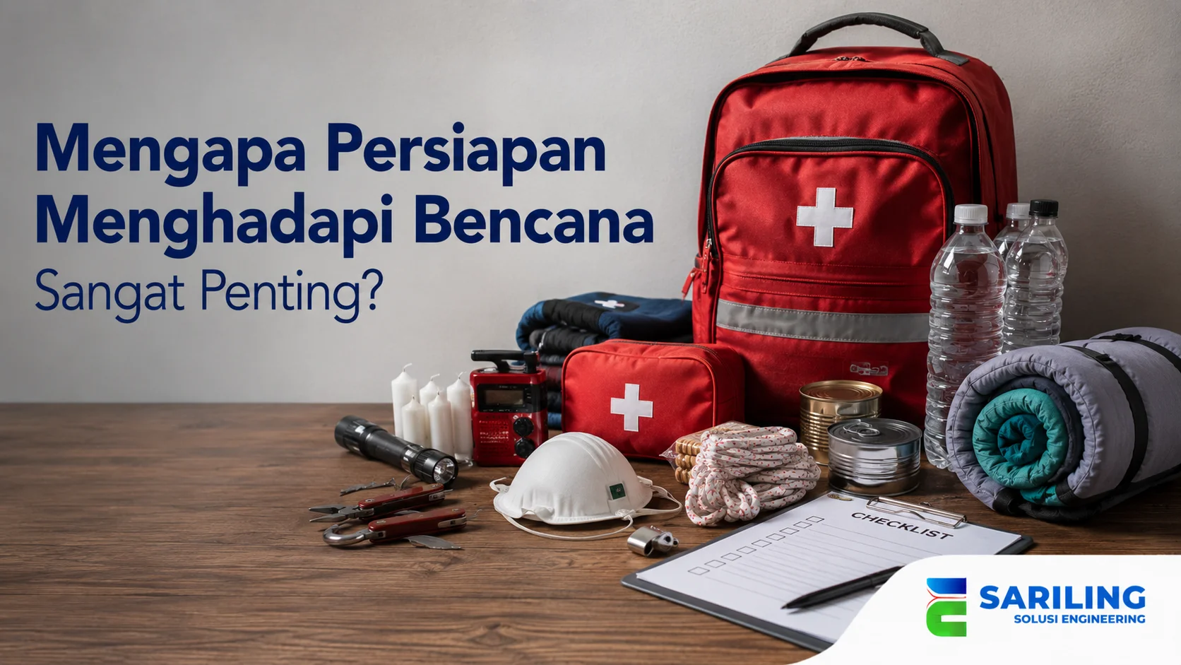 Perlengkapan kesiapsiagaan bencana seperti tas siaga, kotak P3K, air minum, senter, dan perlengkapan darurat yang siap digunakan.
