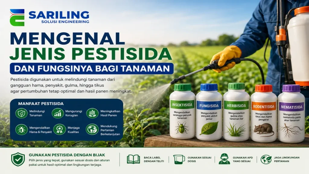 Jenis pestisida untuk tanaman seperti insektisida, fungisida, dan herbisida yang digunakan dalam kegiatan pertanian.