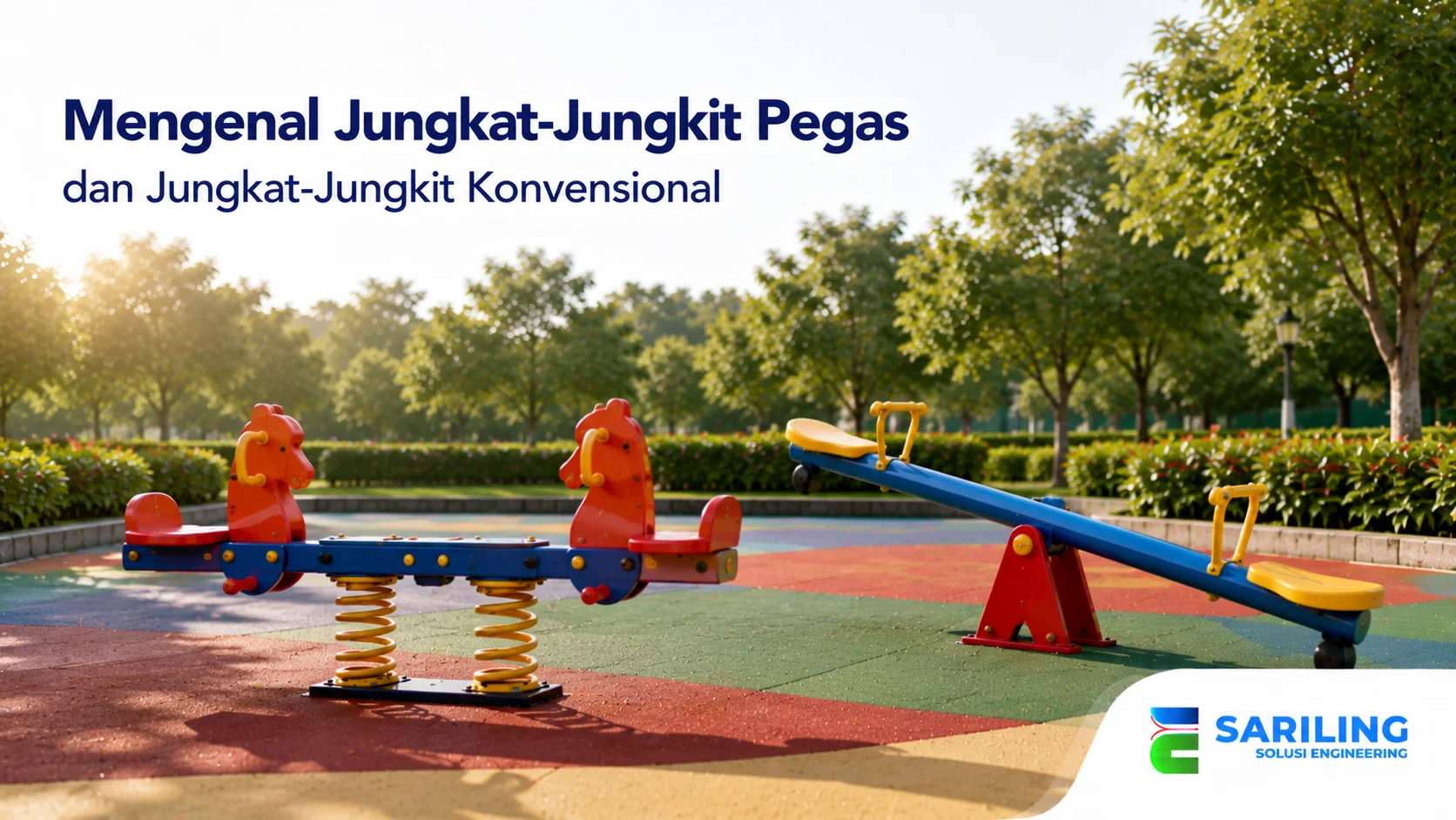 Perbedaan jungkat-jungkit pegas dan konvensional pada area bermain anak.
