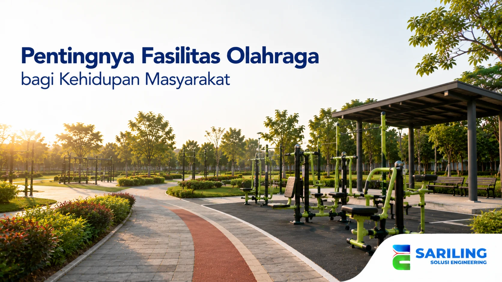 Fasilitas olahraga outdoor dengan berbagai alat fitness di ruang terbuka yang mendukung aktivitas fisik dan kebugaran masyarakat.