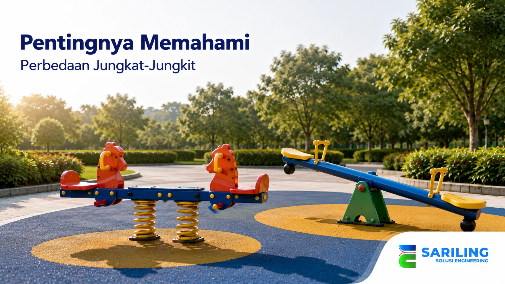Perbedaan jenis jungkat-jungkit pegas dan konvensional untuk area bermain anak.