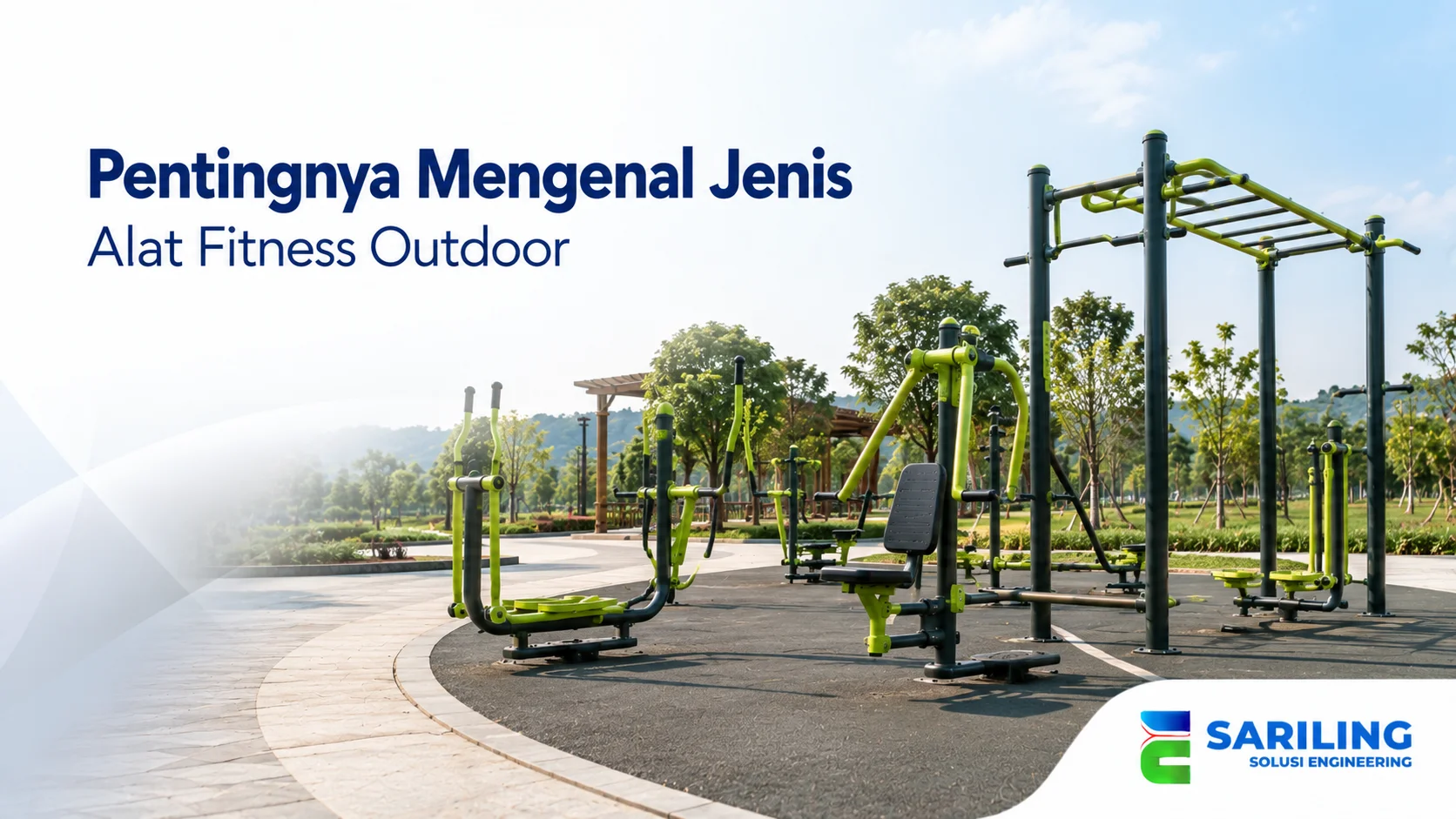 Area fitness outdoor dengan berbagai alat olahraga yang dirancang untuk melatih kekuatan, kardio, dan kebugaran di ruang terbuka.