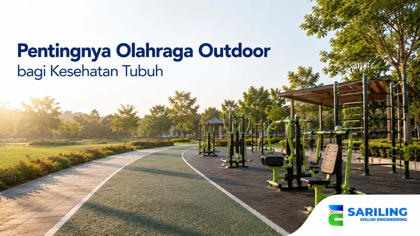 Area olahraga outdoor dengan berbagai alat fitness yang terpasang di ruang terbuka untuk mendukung aktivitas fisik dan kebugaran.