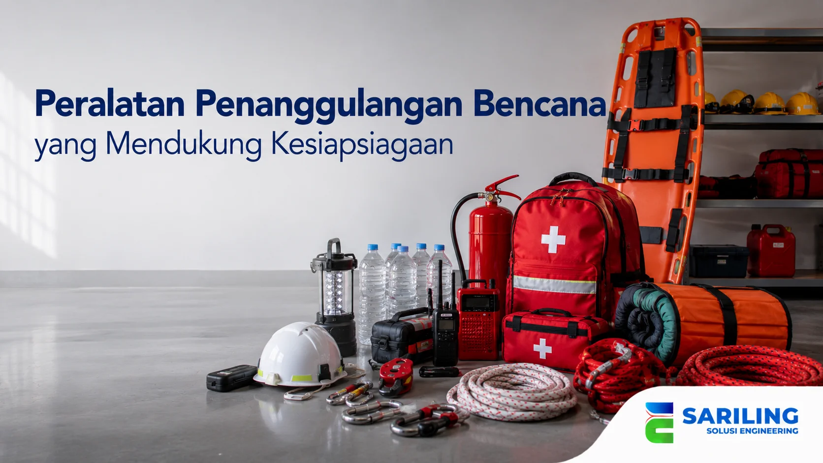 Peralatan penanggulangan bencana seperti tandu, tas P3K, helm keselamatan, radio komunikasi, dan perlengkapan darurat untuk mendukung kesiapsiagaan.