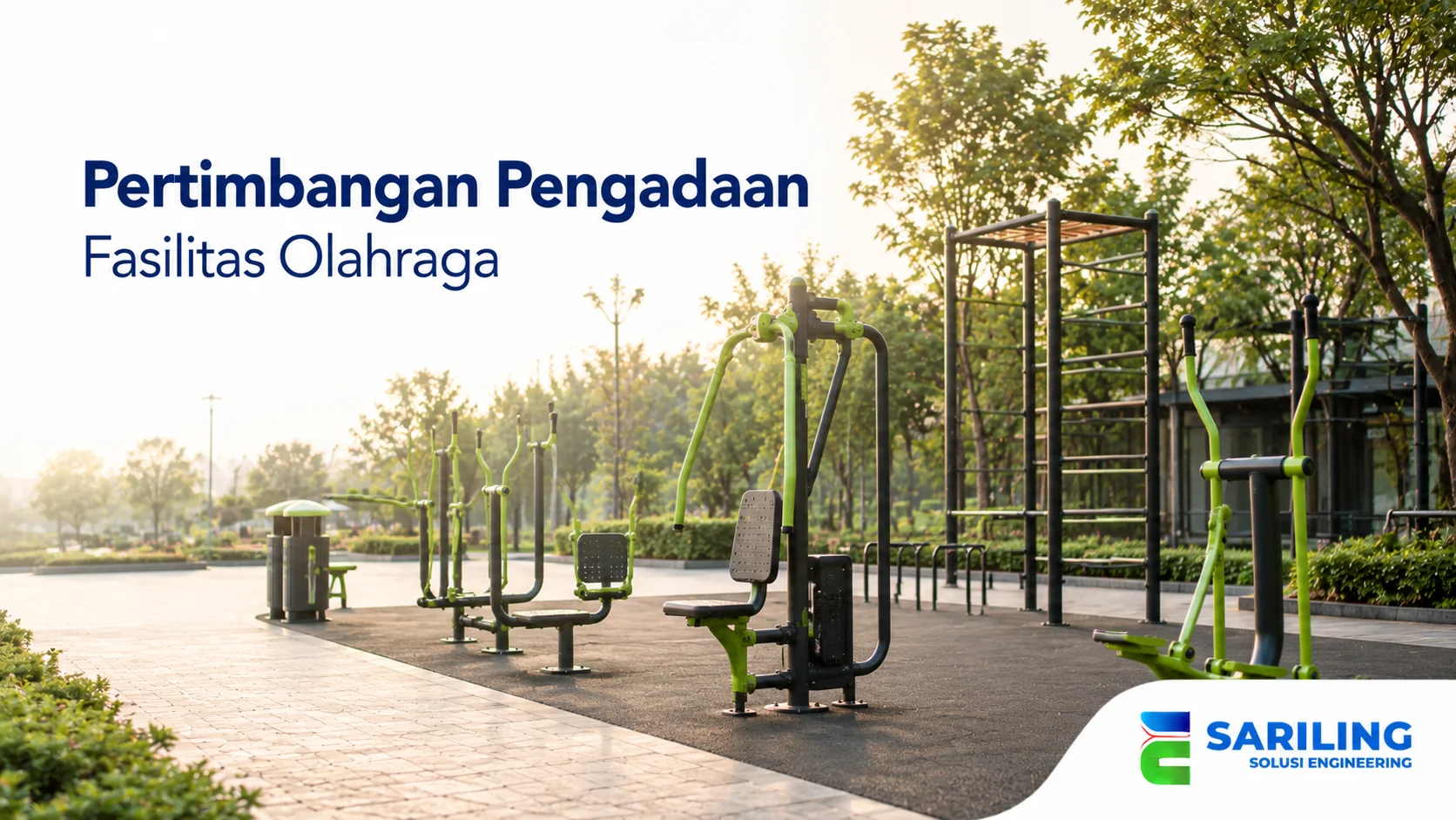 Fasilitas olahraga outdoor dengan berbagai alat fitness yang dirancang untuk mendukung aktivitas fisik di ruang terbuka.