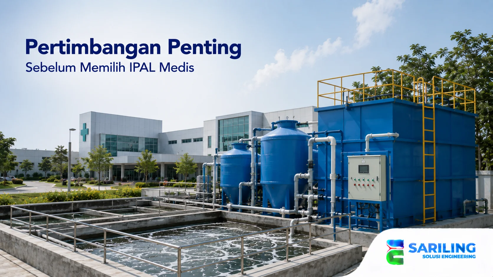 Sistem IPAL Medis dengan tangki pengolahan limbah dan fasilitas kesehatan sebagai pendukung pengelolaan limbah.