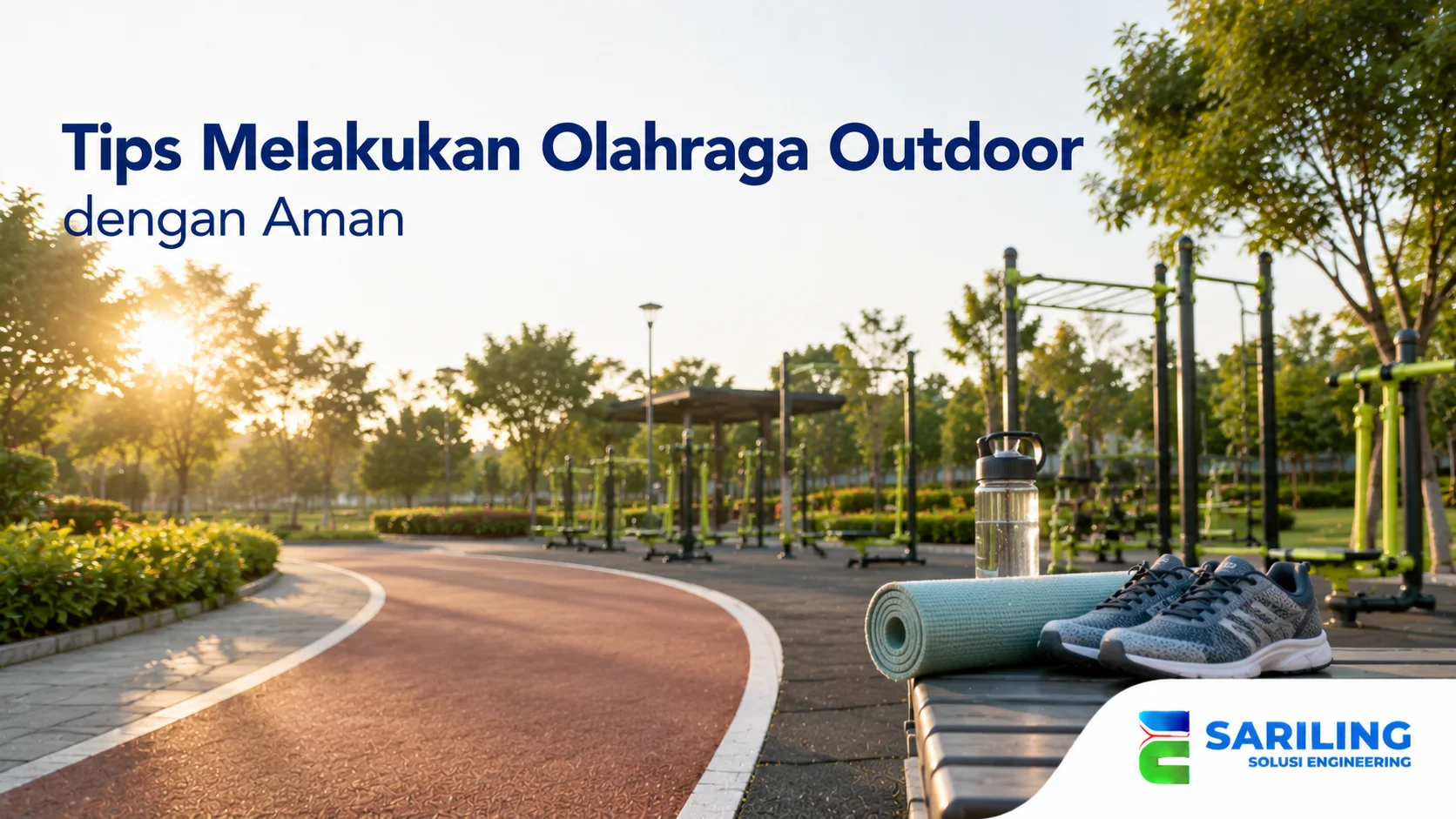 Area olahraga outdoor dengan lintasan lari, alat fitness, dan perlengkapan olahraga yang mendukung aktivitas fisik secara aman di ruang terbuka.