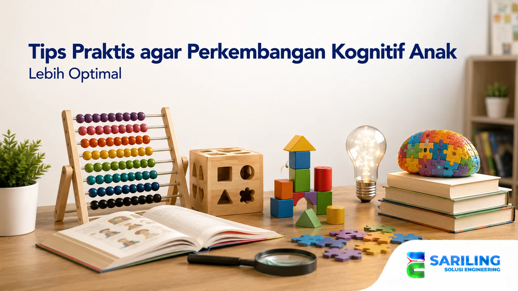 Media edukatif seperti puzzle, balok, dan buku yang mendukung stimulasi perkembangan kognitif anak.