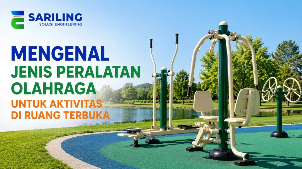 Ilustrasi Jenis Alat Fitness Outdoor berupa berbagai alat olahraga yang terpasang di area olahraga terbuka untuk aktivitas kebugaran masyarakat