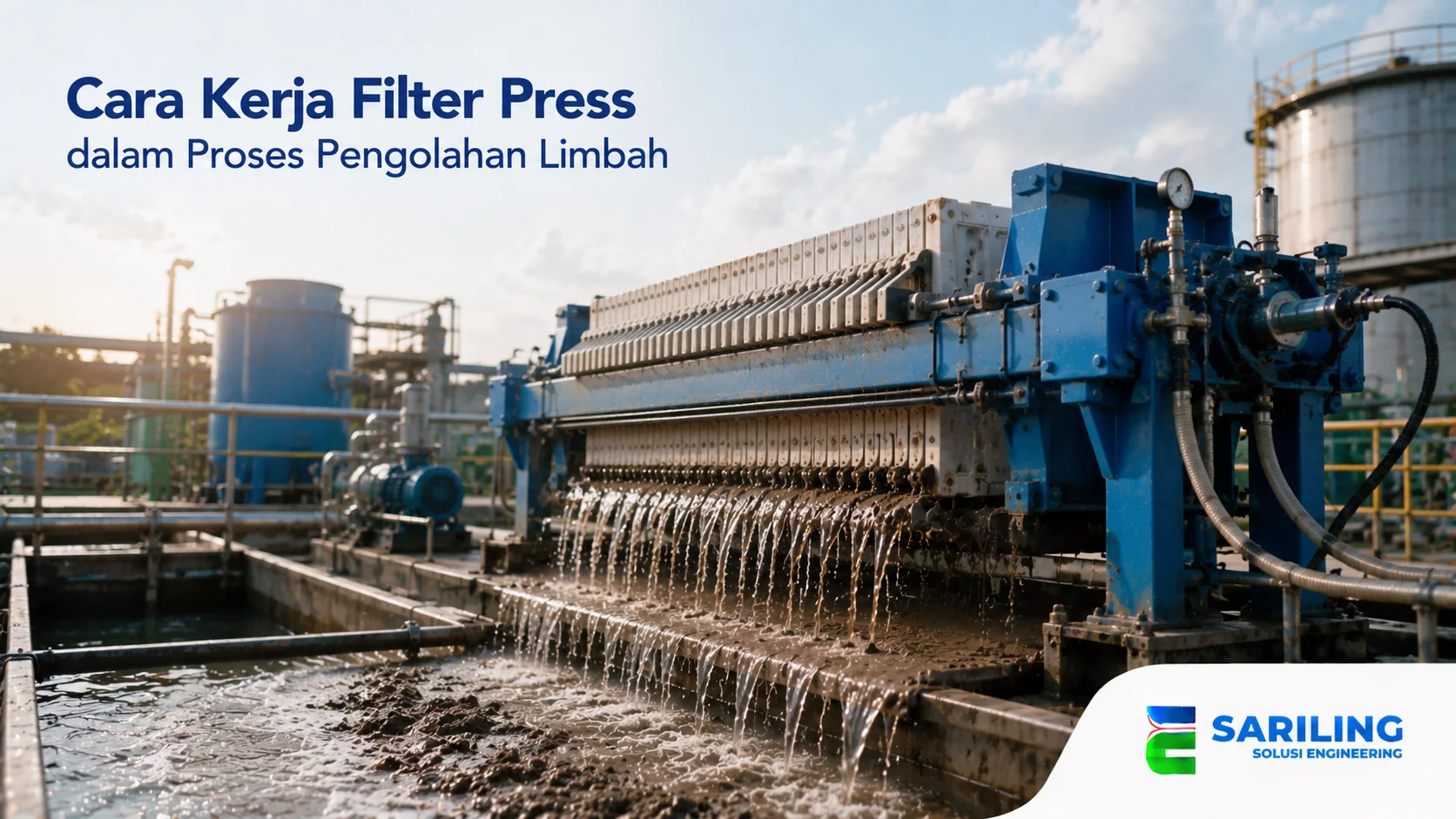 Filter press bekerja dalam proses pemisahan limbah padat dan cair pada sistem IPAL industri.