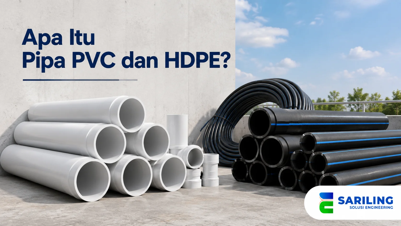 Pipa PVC putih dan pipa HDPE hitam untuk kebutuhan perpipaan.