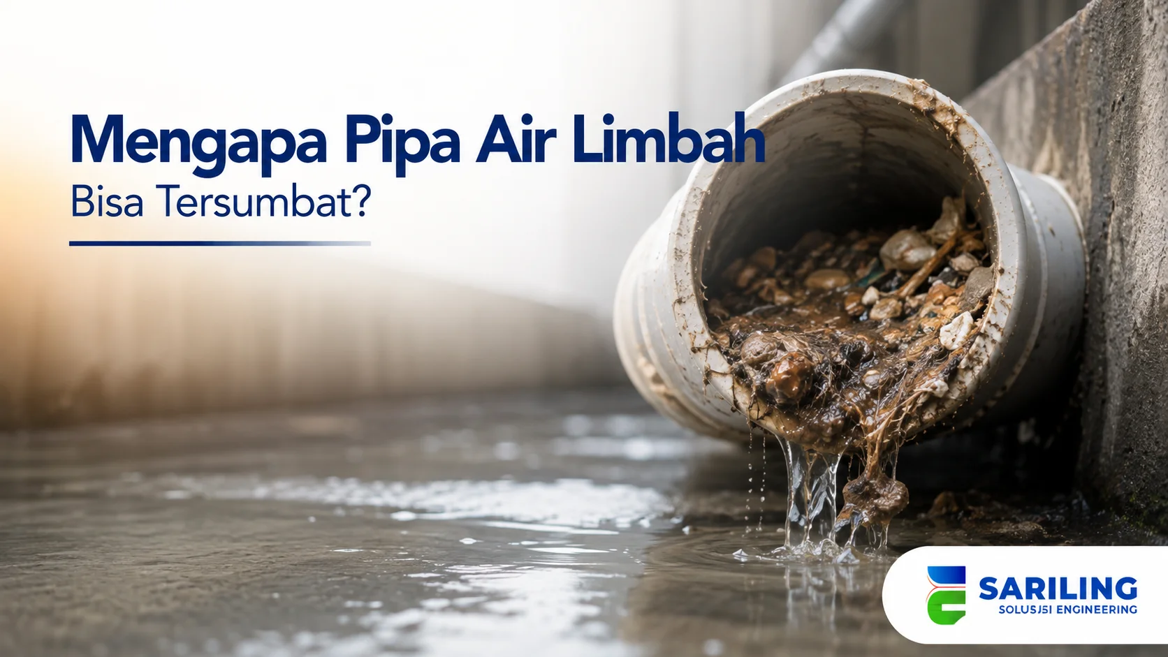 Pipa air limbah tersumbat oleh endapan dan material yang menghambat aliran.