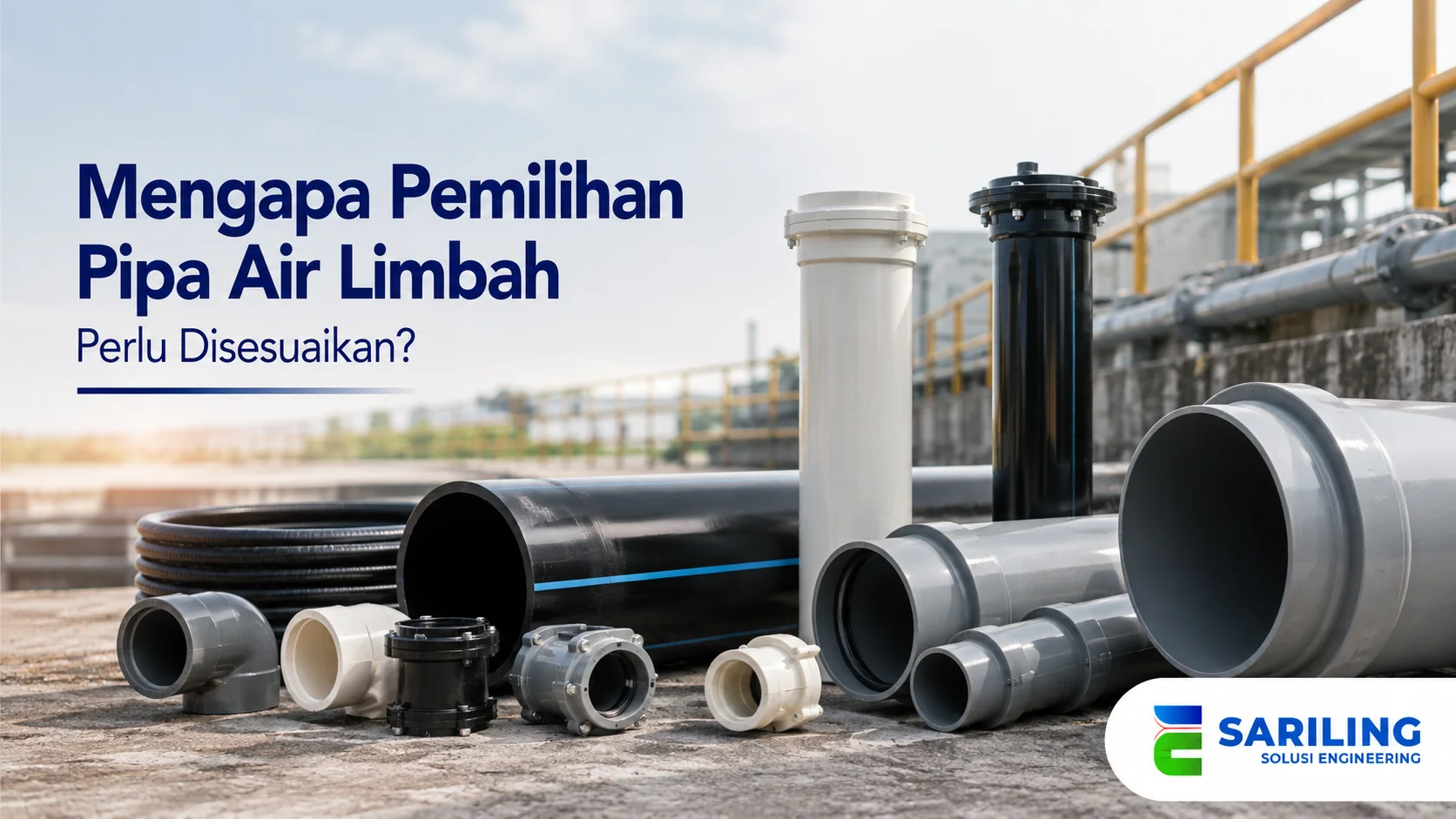 Pipa PVC dan HDPE untuk sistem air limbah dengan berbagai ukuran dan sambungan.