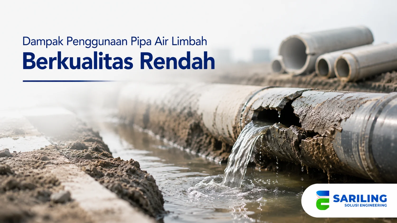 Pipa air limbah rusak yang mengalami kebocoran dan mengganggu aliran.