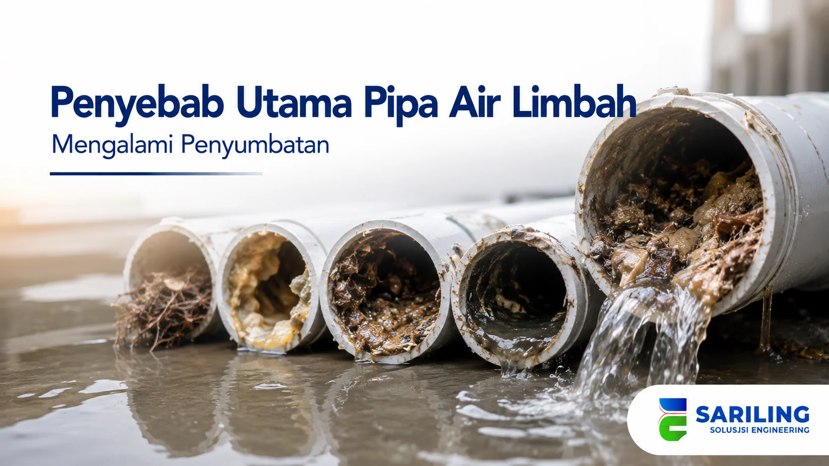 Pipa air limbah tersumbat oleh endapan, lemak, dan benda padat yang menghambat aliran.