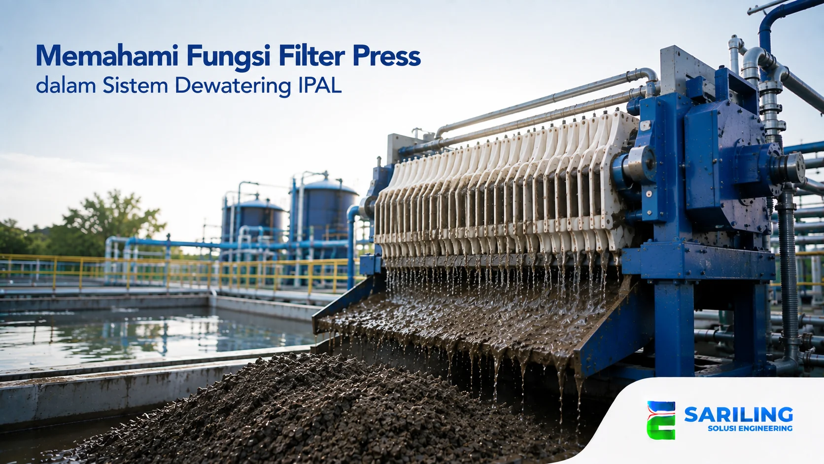 Filter press dalam sistem dewatering IPAL untuk memisahkan air dan padatan lumpur.