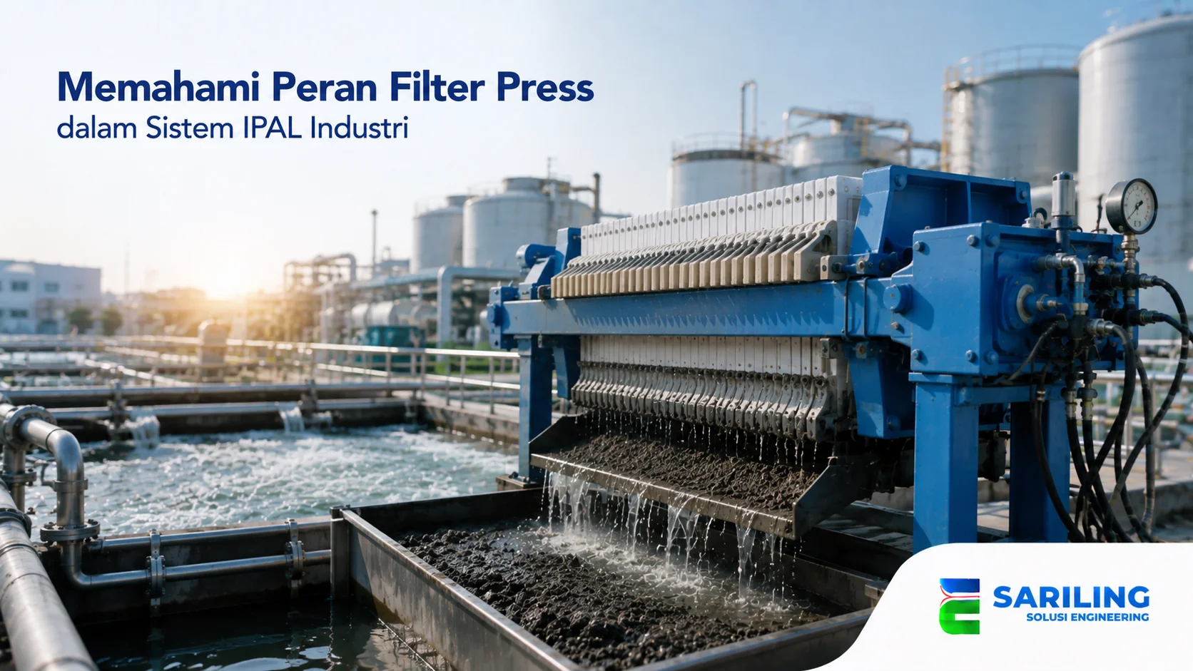 Filter press dalam sistem IPAL industri untuk proses pemisahan limbah padat dan cair.