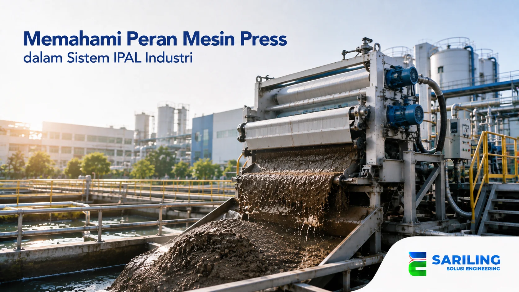 Mesin press dalam sistem IPAL industri untuk proses dewatering lumpur hasil pengolahan limbah.