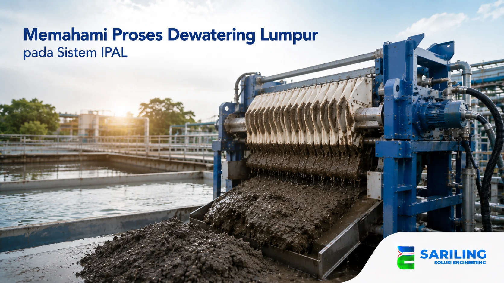 Proses dewatering lumpur pada sistem IPAL untuk memisahkan air dan material padat.