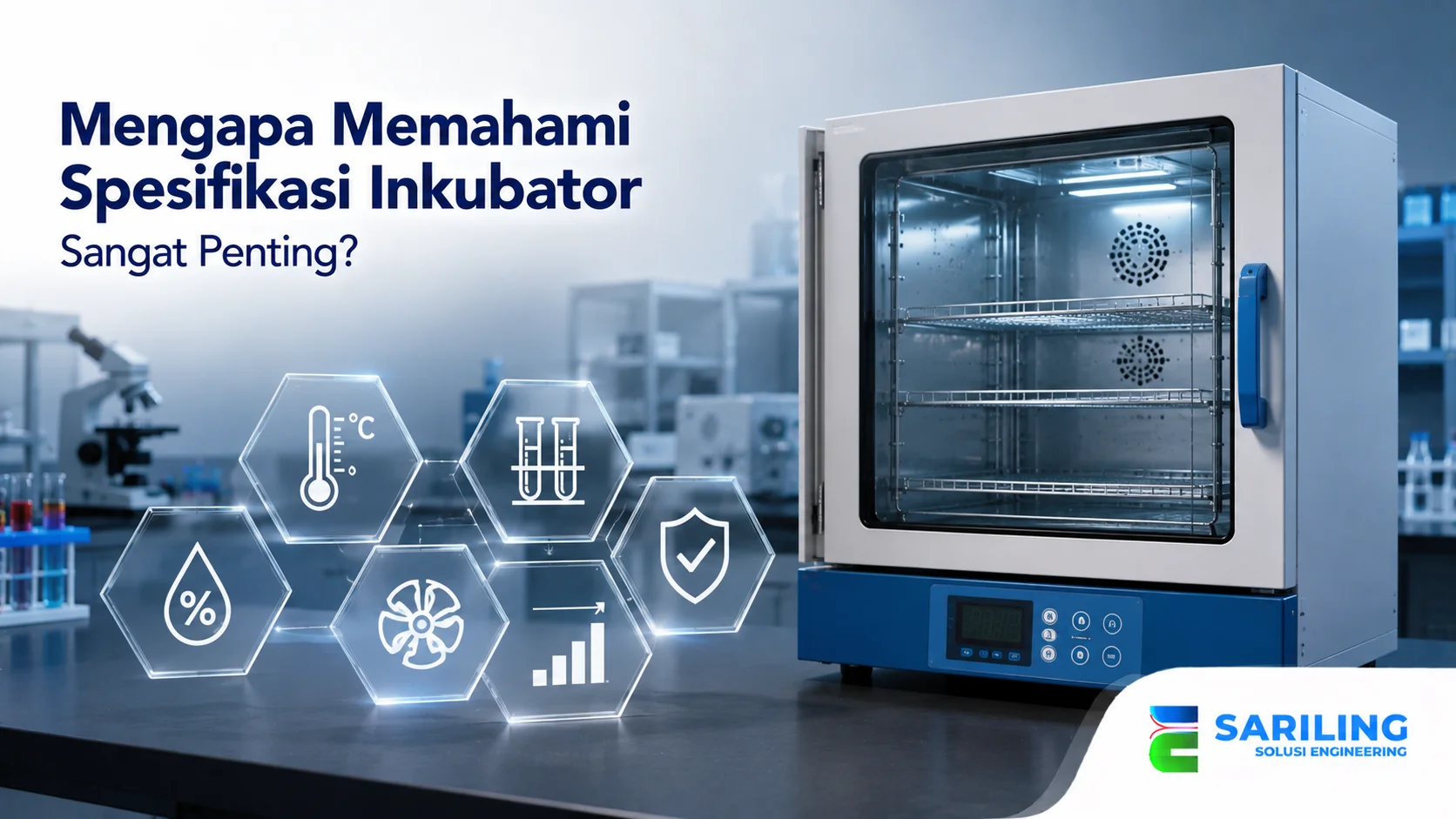 Spesifikasi inkubator laboratorium dengan kontrol suhu digital untuk kebutuhan penelitian.
