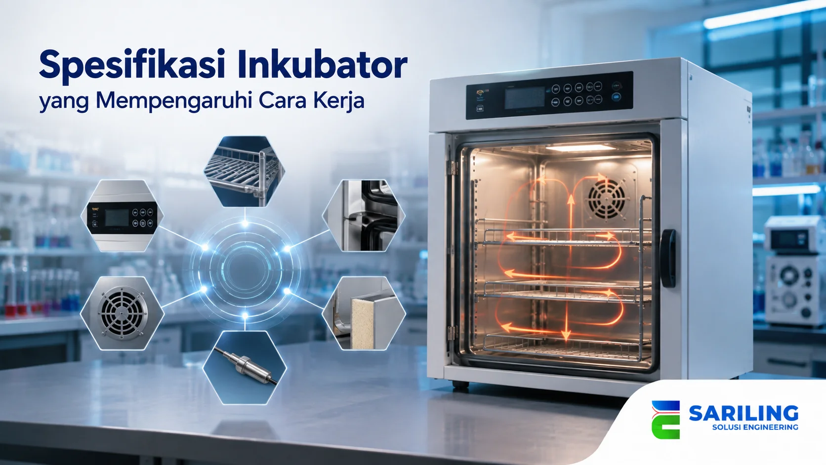 Spesifikasi inkubator dengan fitur kontrol suhu dan sistem sirkulasi untuk mendukung kinerja alat.
