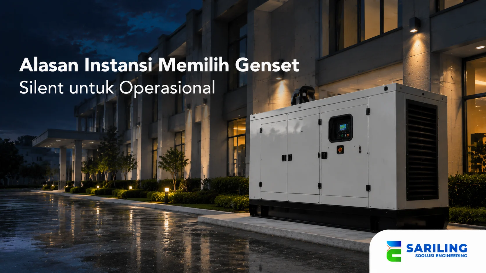 Banner genset silent di area fasilitas instansi dengan desain enclosure tertutup yang menunjukkan penggunaan generator untuk mendukung operasional gedung.