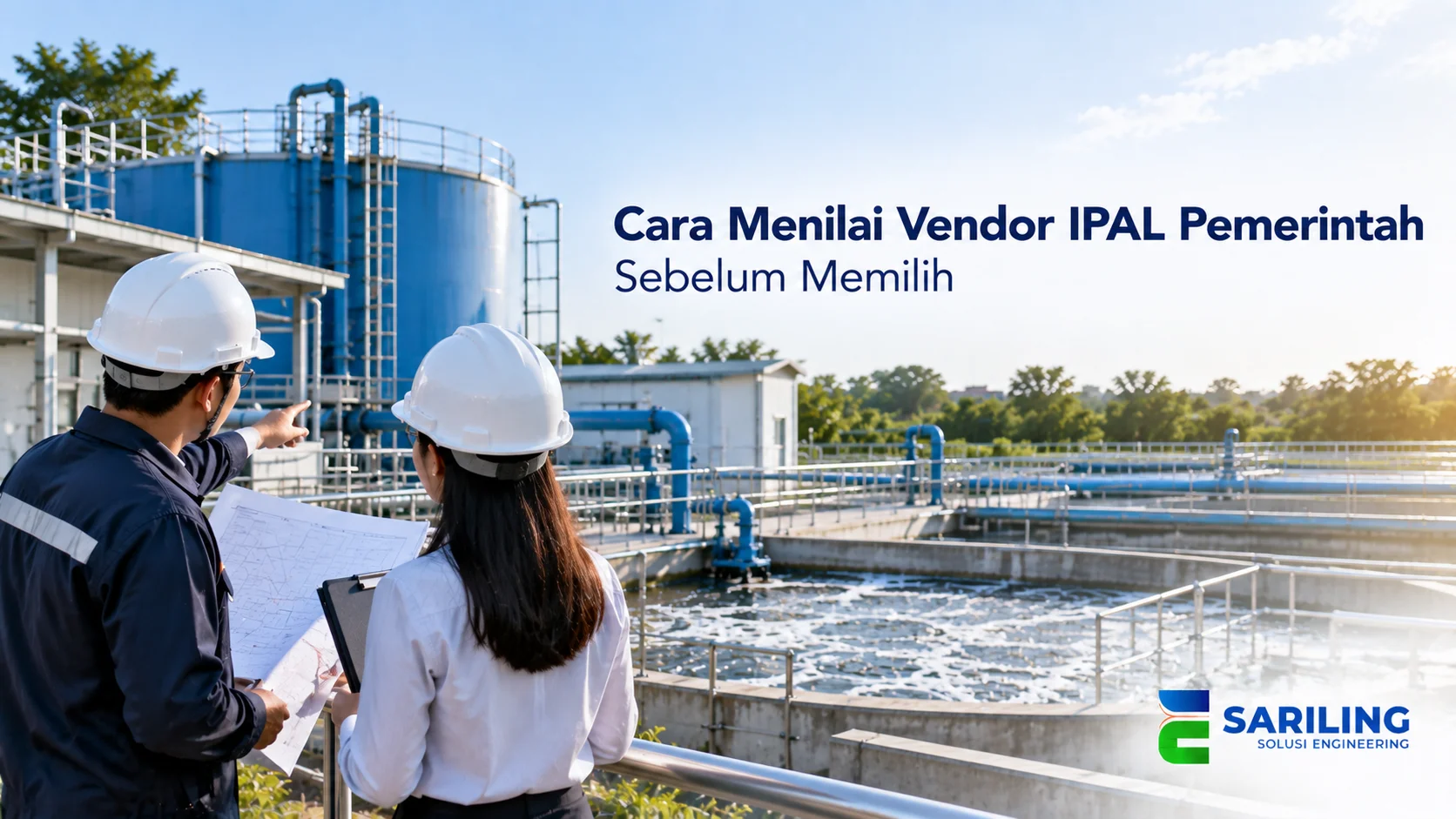 Dua teknisi menilai instalasi IPAL dengan melihat fasilitas pengolahan dan dokumen teknis.