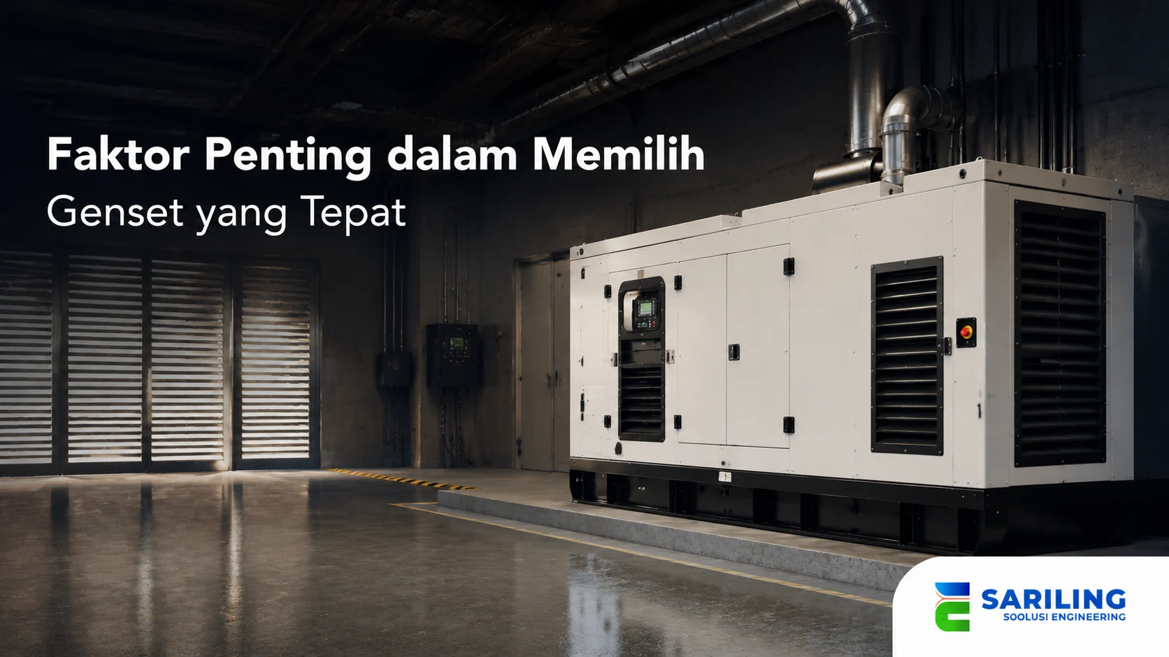 Banner genset industri di ruang utilitas dengan sistem ventilasi dan instalasi pendukung yang menggambarkan pemilihan generator sesuai kebutuhan fasilitas.