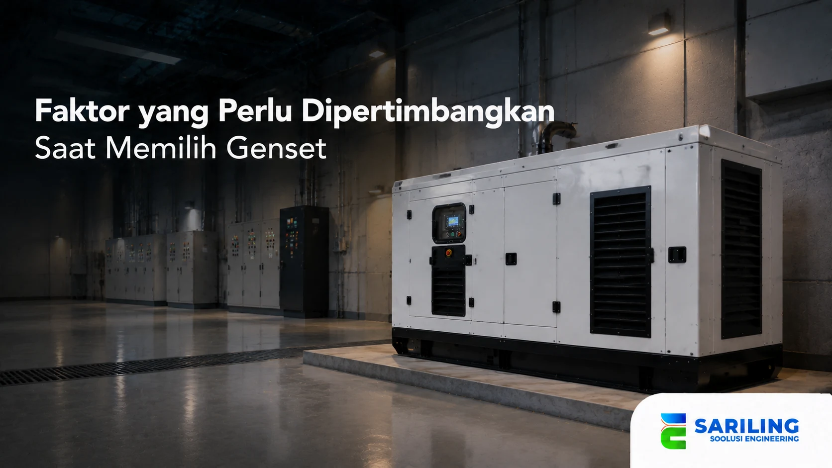 Banner genset industri di ruang utilitas dengan panel listrik dan sistem pendukung yang menggambarkan proses pemilihan generator sesuai kebutuhan fasilitas.