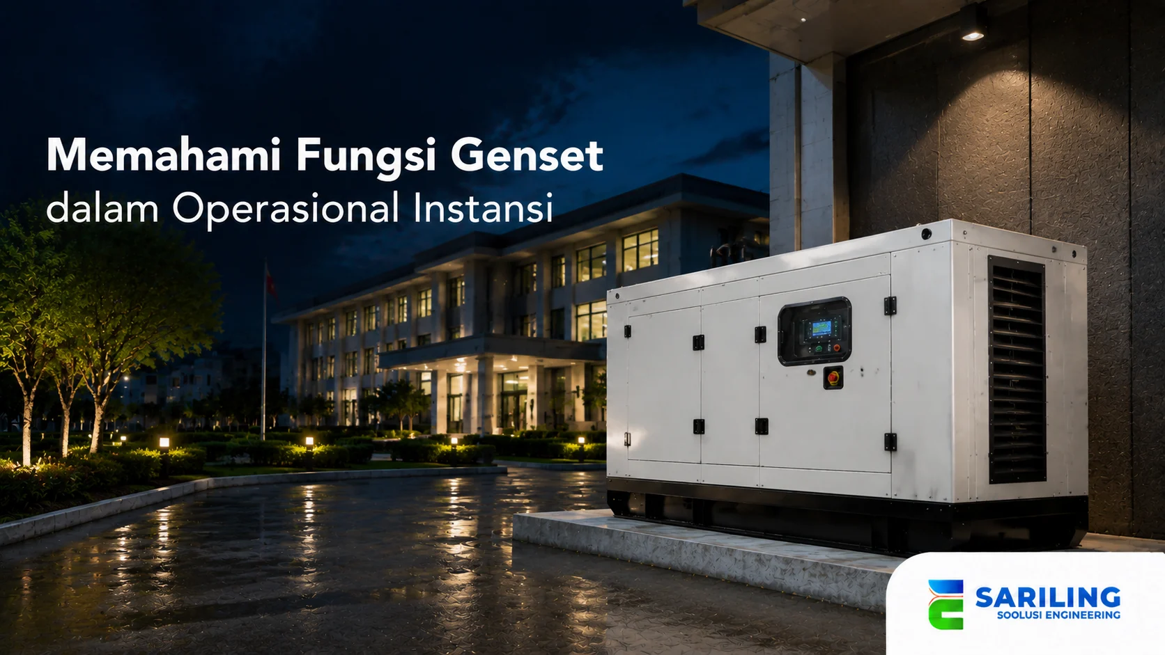 Banner genset industri di area gedung instansi pada malam hari yang menampilkan generator sebagai sumber daya listrik cadangan untuk mendukung operasional fasilitas.