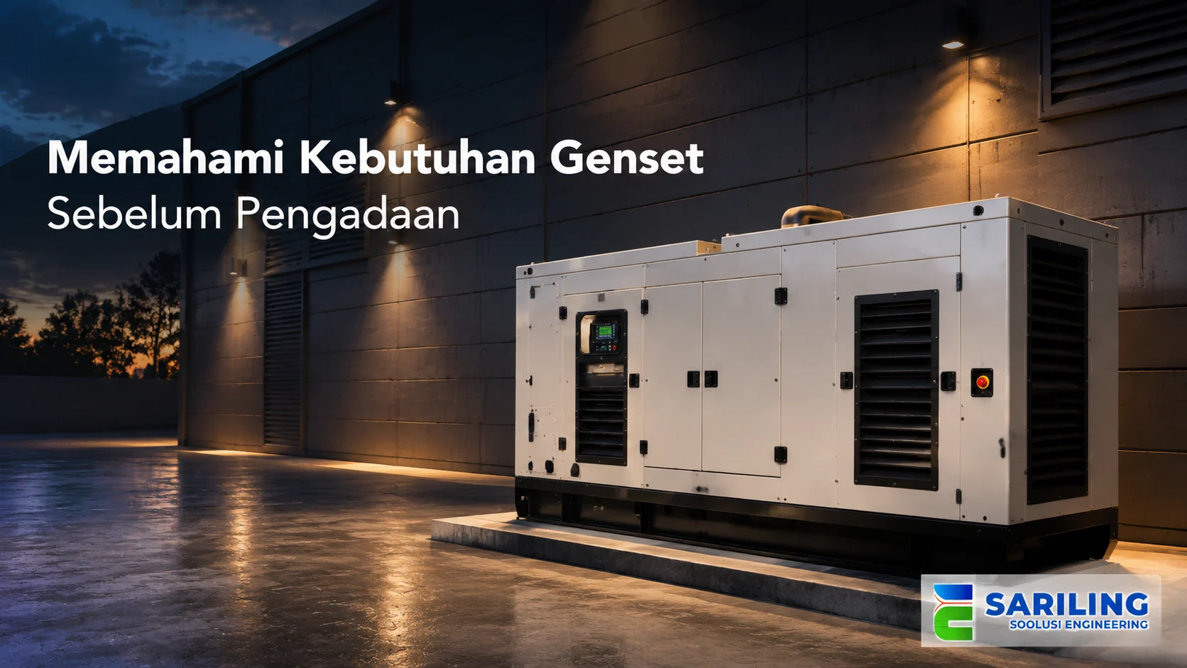 Banner genset industri dengan latar area gedung modern pada malam hari yang menampilkan unit generator sebagai solusi kebutuhan daya listrik cadangan.
