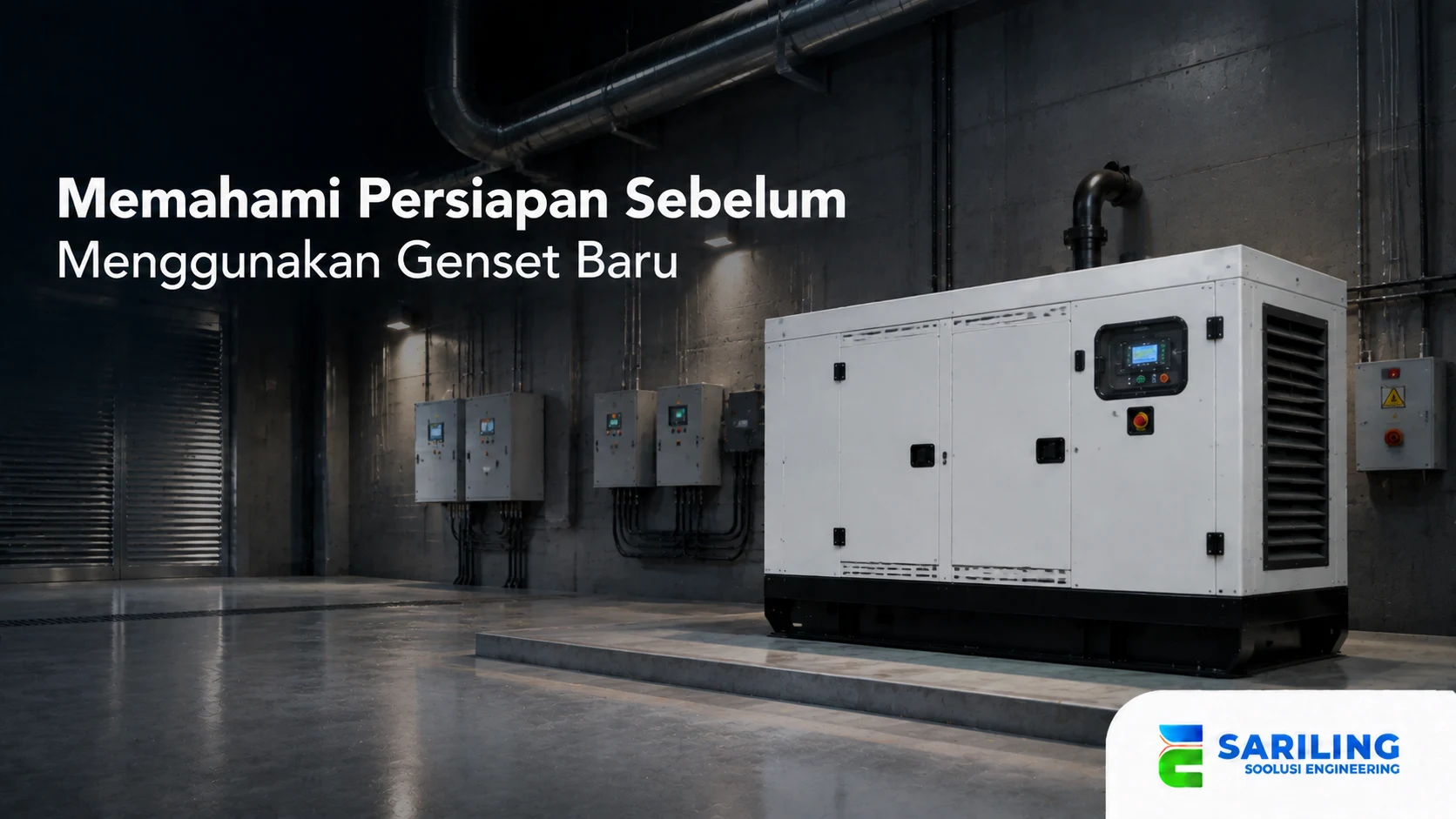 Banner genset baru di ruang utilitas industri dengan sistem kelistrikan pendukung yang menggambarkan persiapan instalasi dan penggunaan generator untuk kebutuhan operasional.