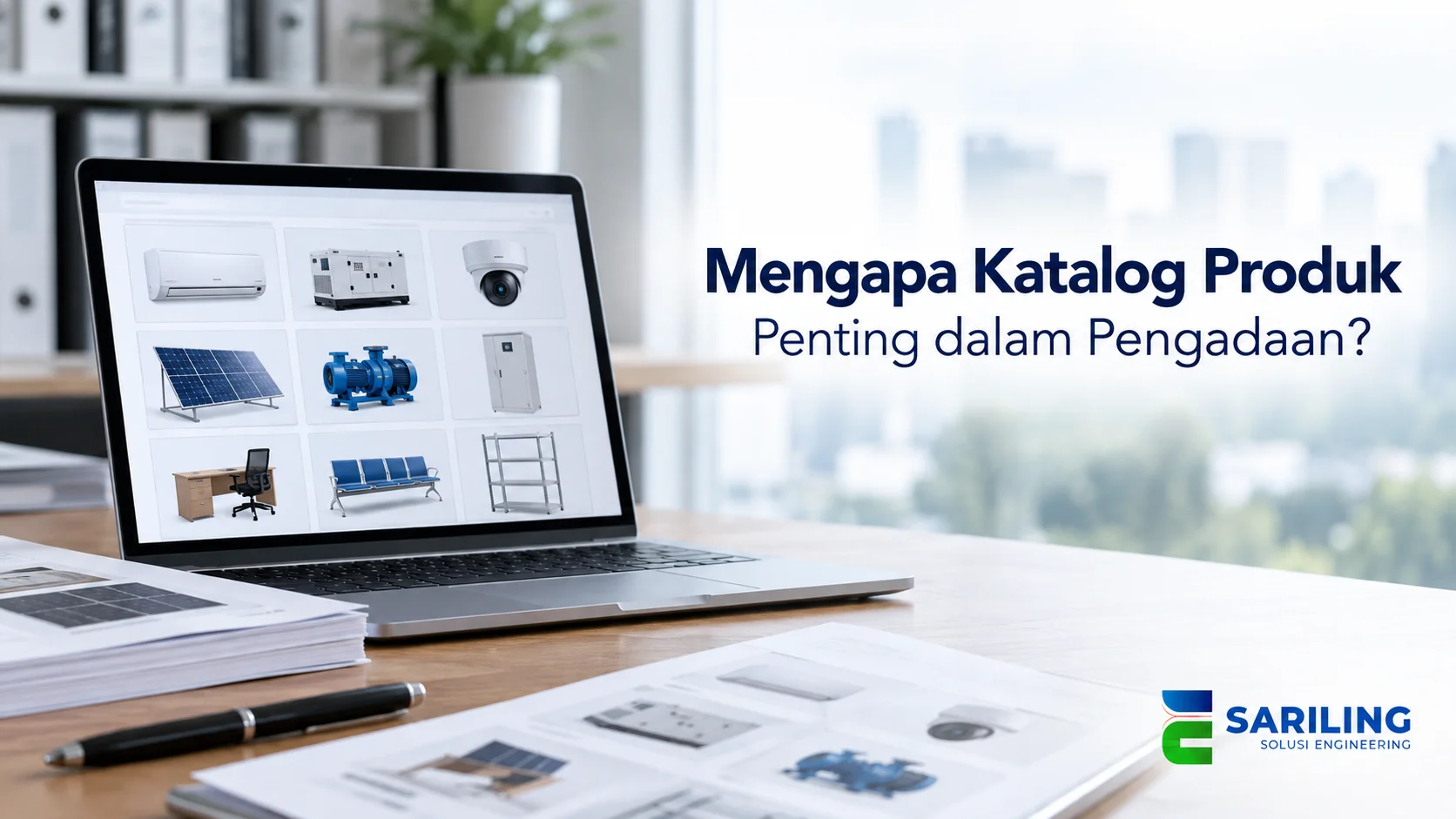 Laptop menampilkan katalog produk teknik untuk mendukung proses pengadaan.
