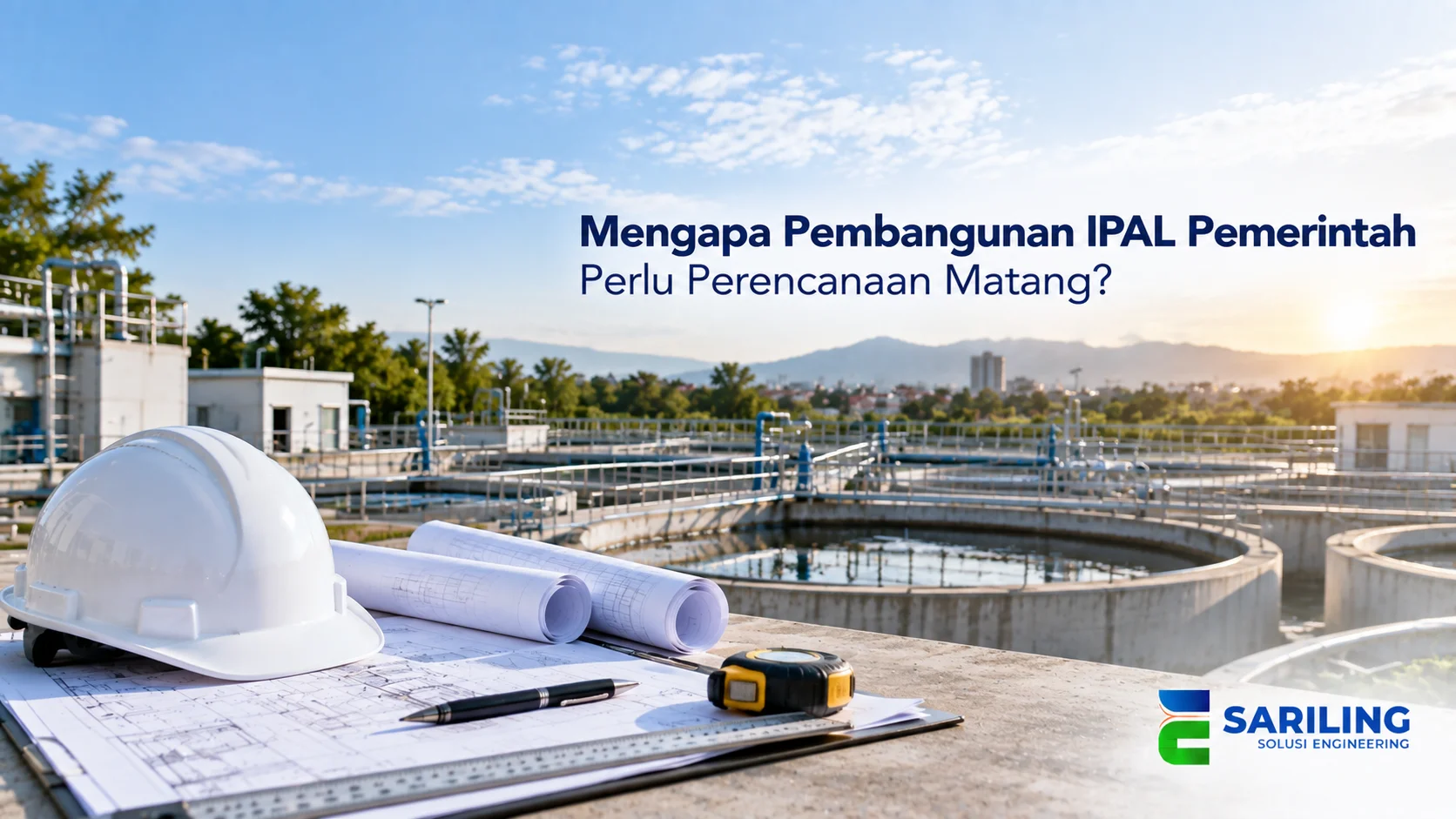 Instalasi IPAL dengan dokumen perencanaan, helm keselamatan, dan fasilitas pengolahan limbah.