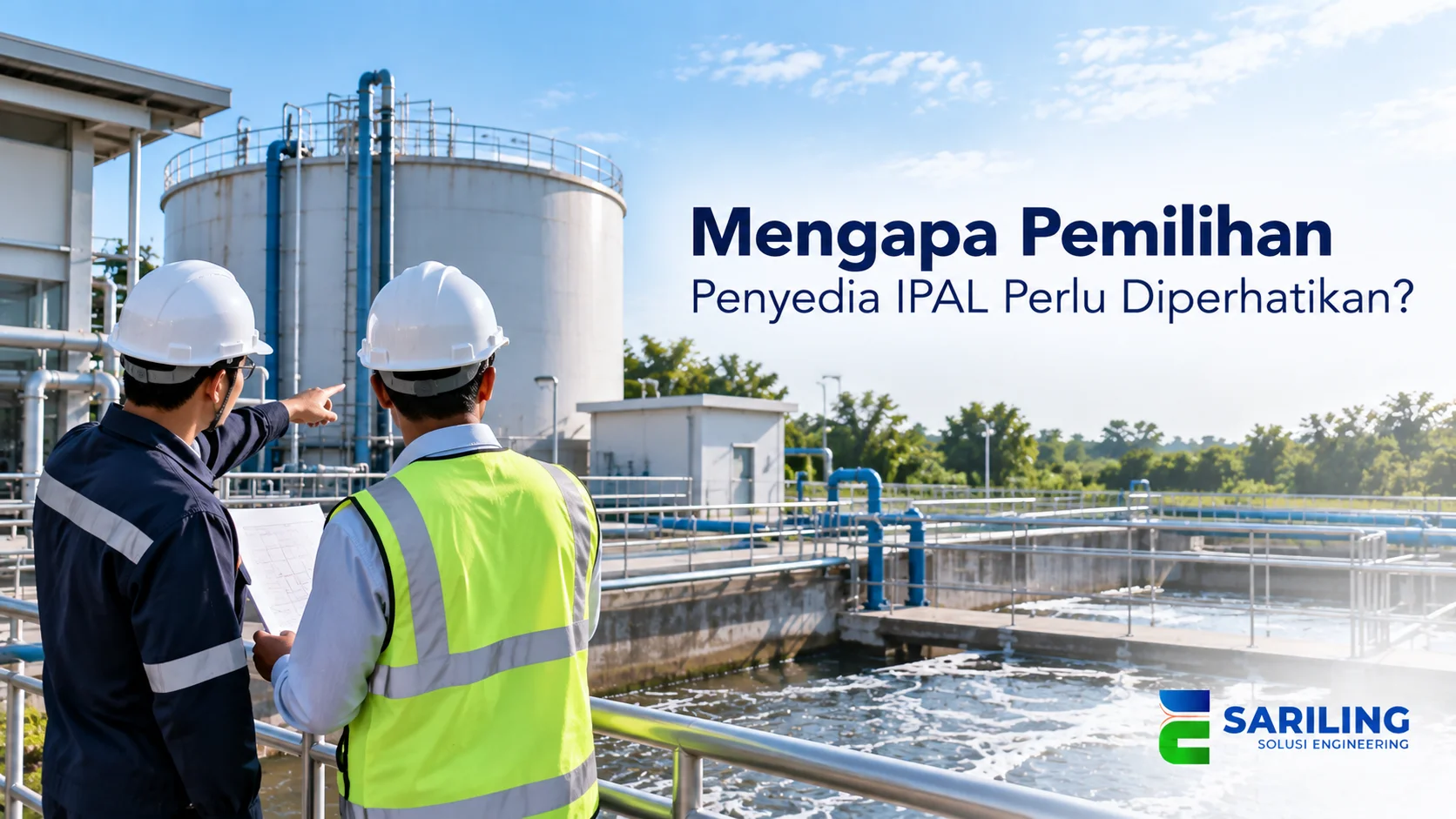 Dua teknisi meninjau instalasi IPAL dengan tangki pengolahan dan pipa.