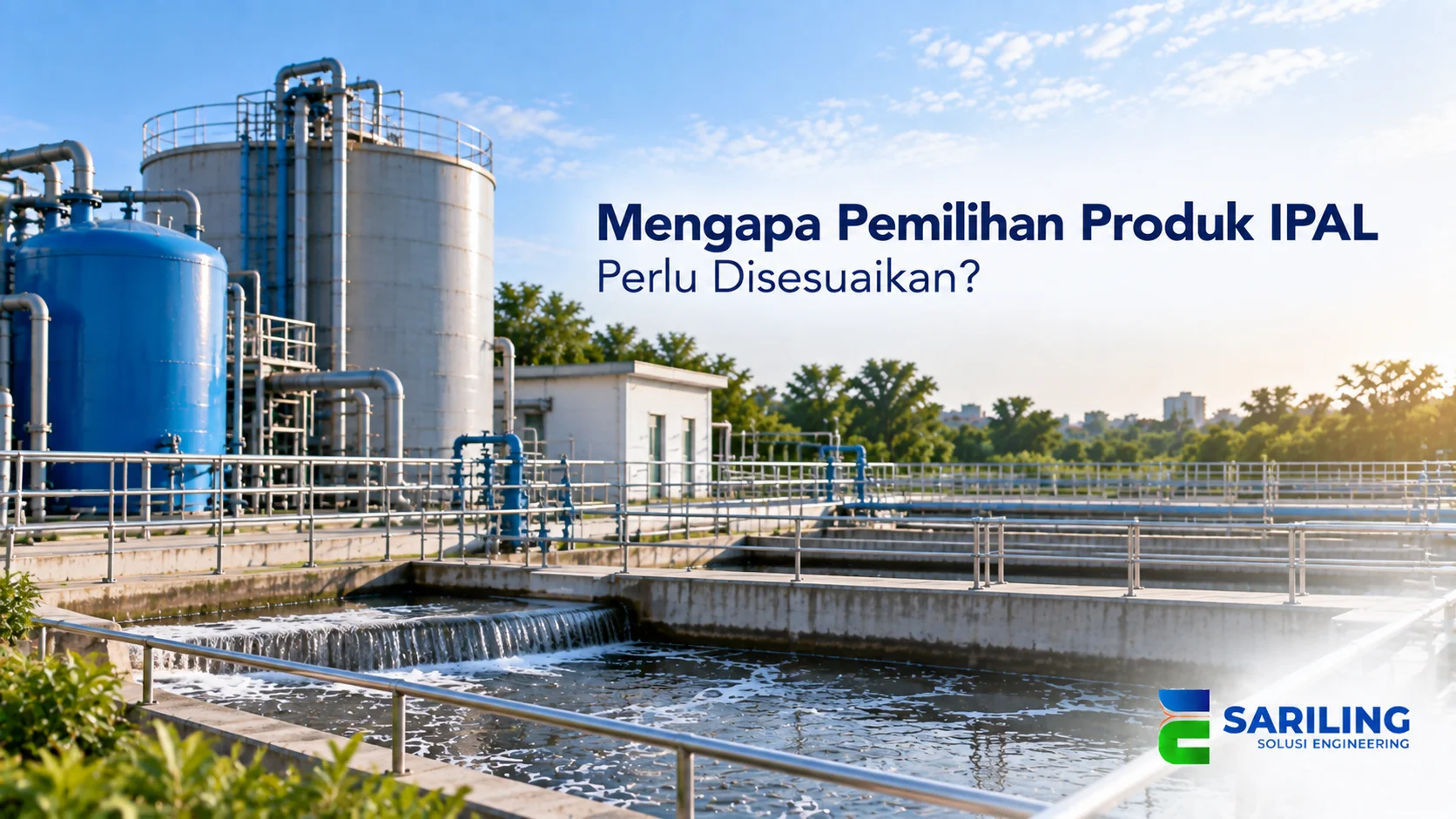 Instalasi IPAL dengan tangki, pipa, dan kolam pengolahan limbah.